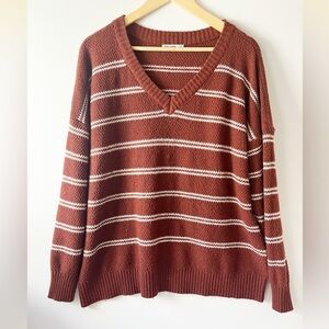 Pink Clover Brown Striped V-Neck Sweater XXL Oversized Sweater Brown and White